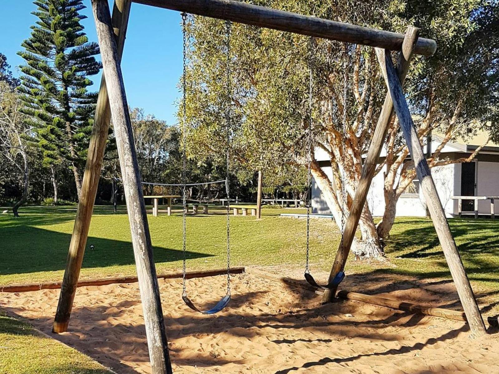 A set of swings with timber frame over snad with green grass, tress and cabins in background
