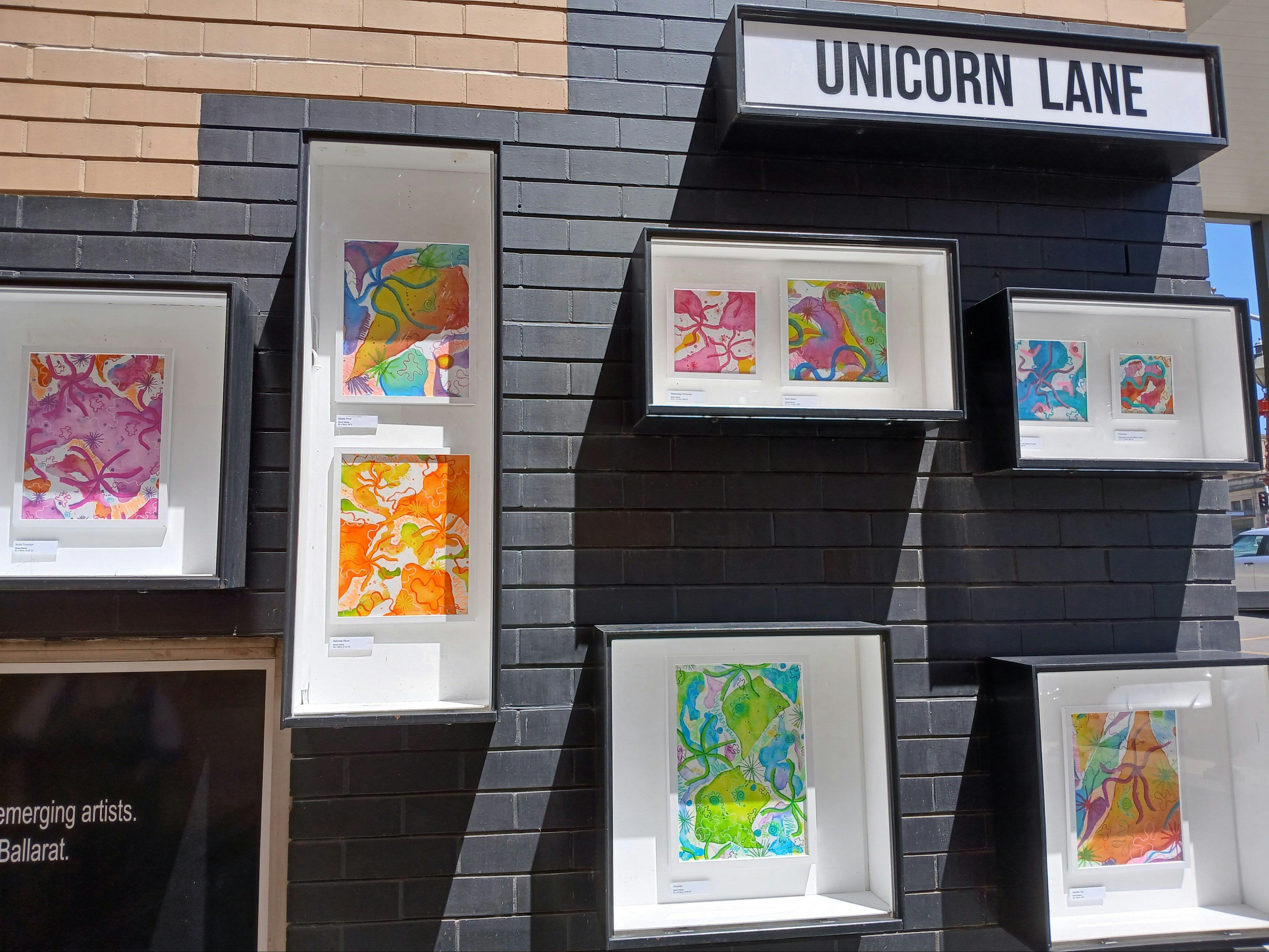 Five outdoor gallery boxes showcasing a series of bright, colourful abstract paintings