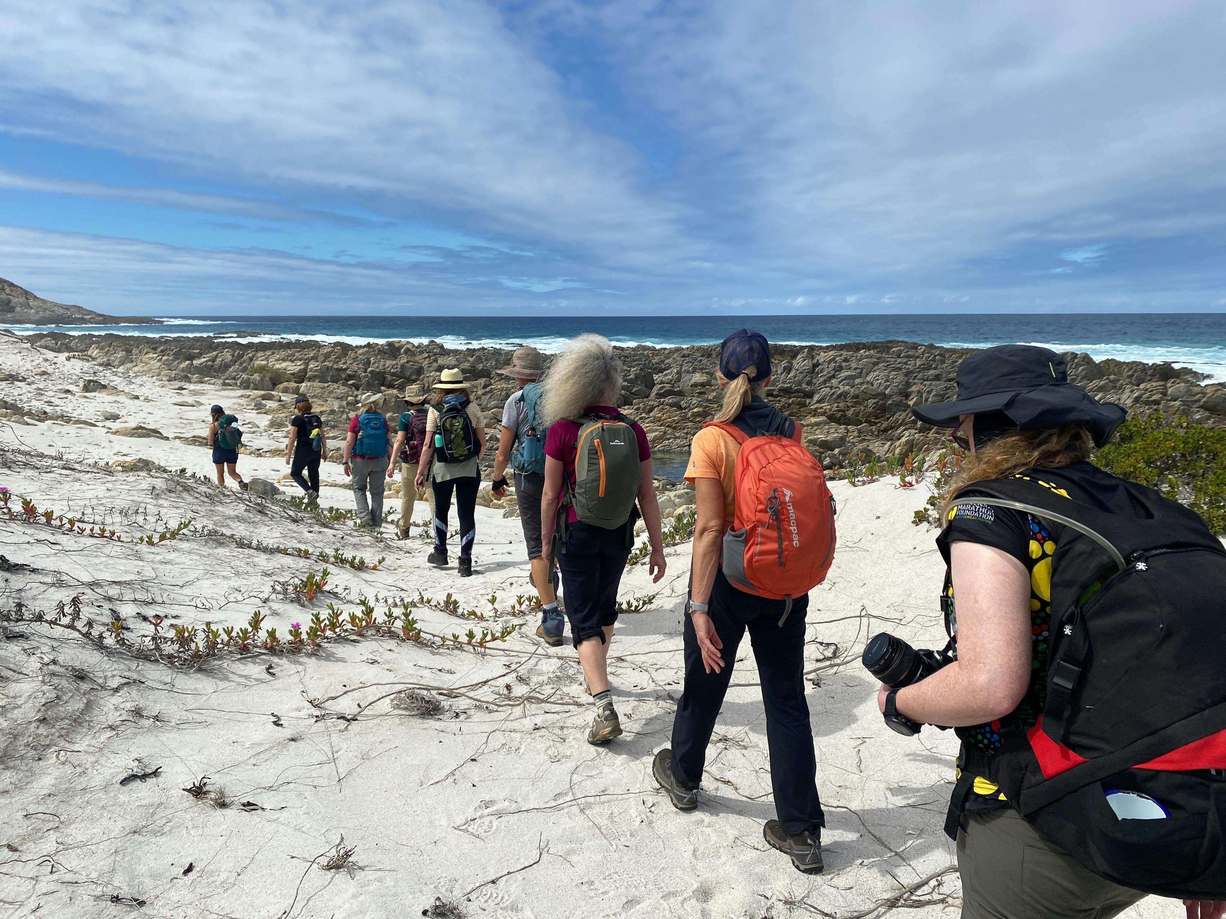women walking on the coastal track - bright blue sky