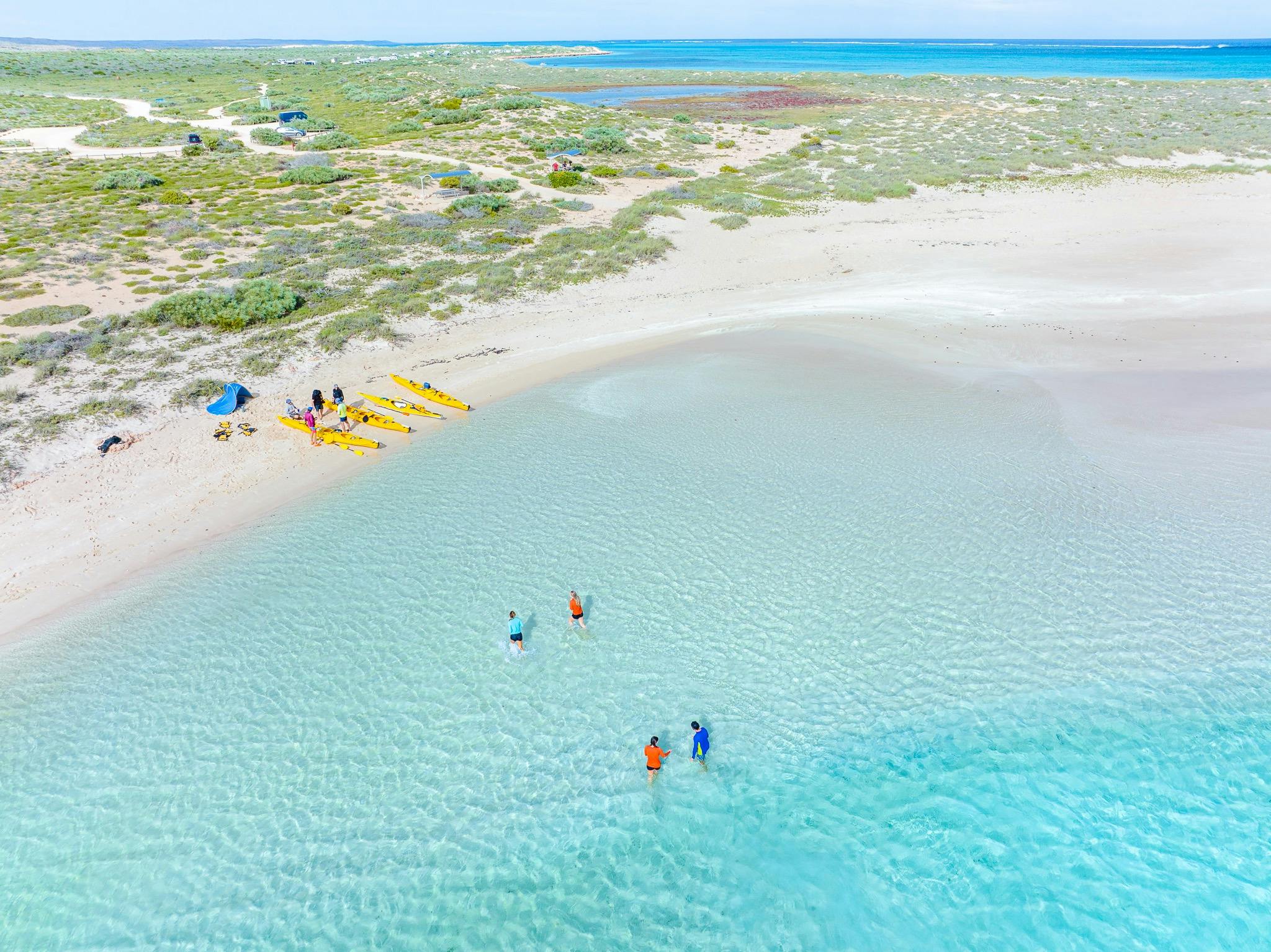 Aerial view of four people relax in Turquoise water with kayaks on a white sandy beach