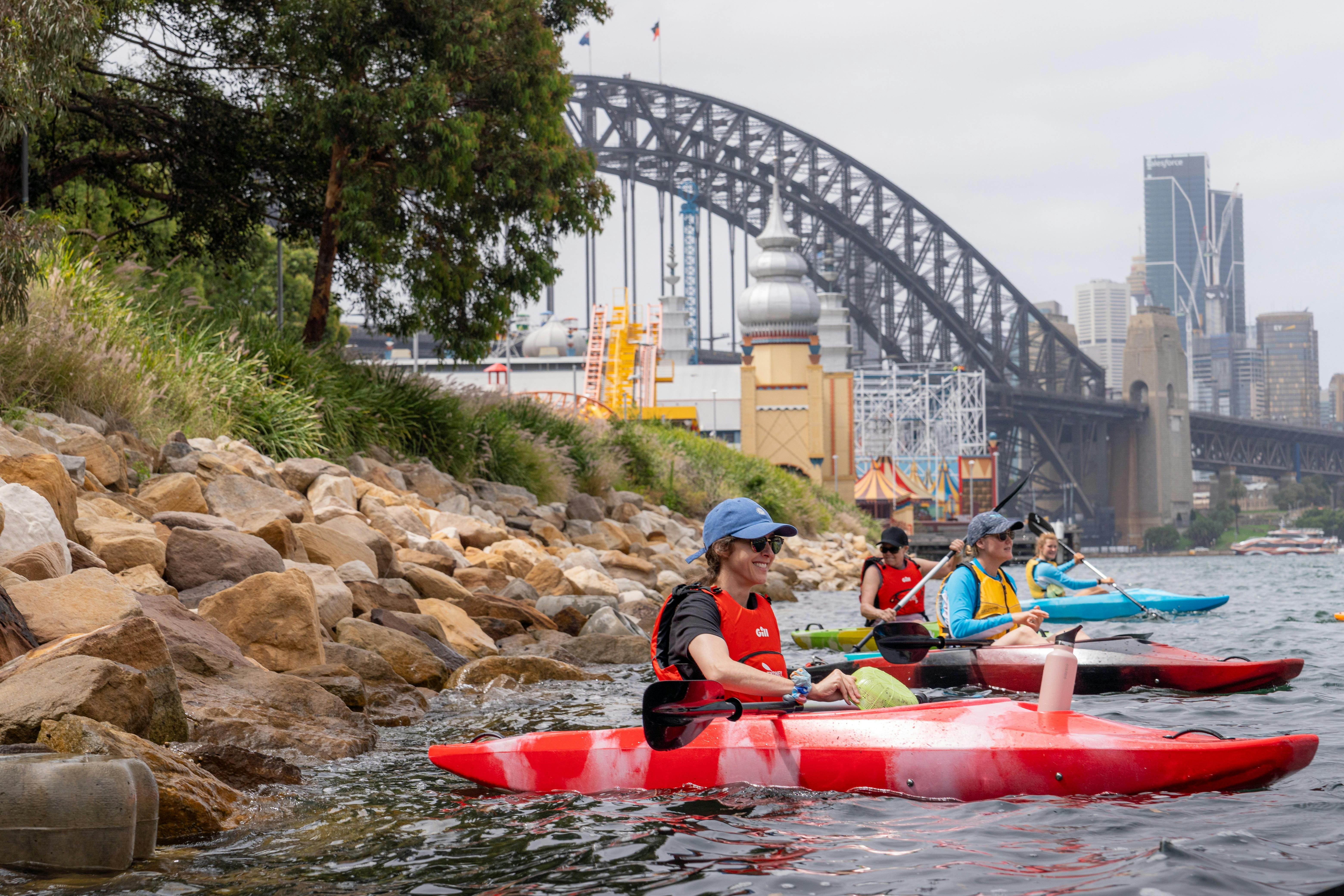 Luna Park in the background of Sydney By Kayak's Highlights Tour on Sydney Harbour