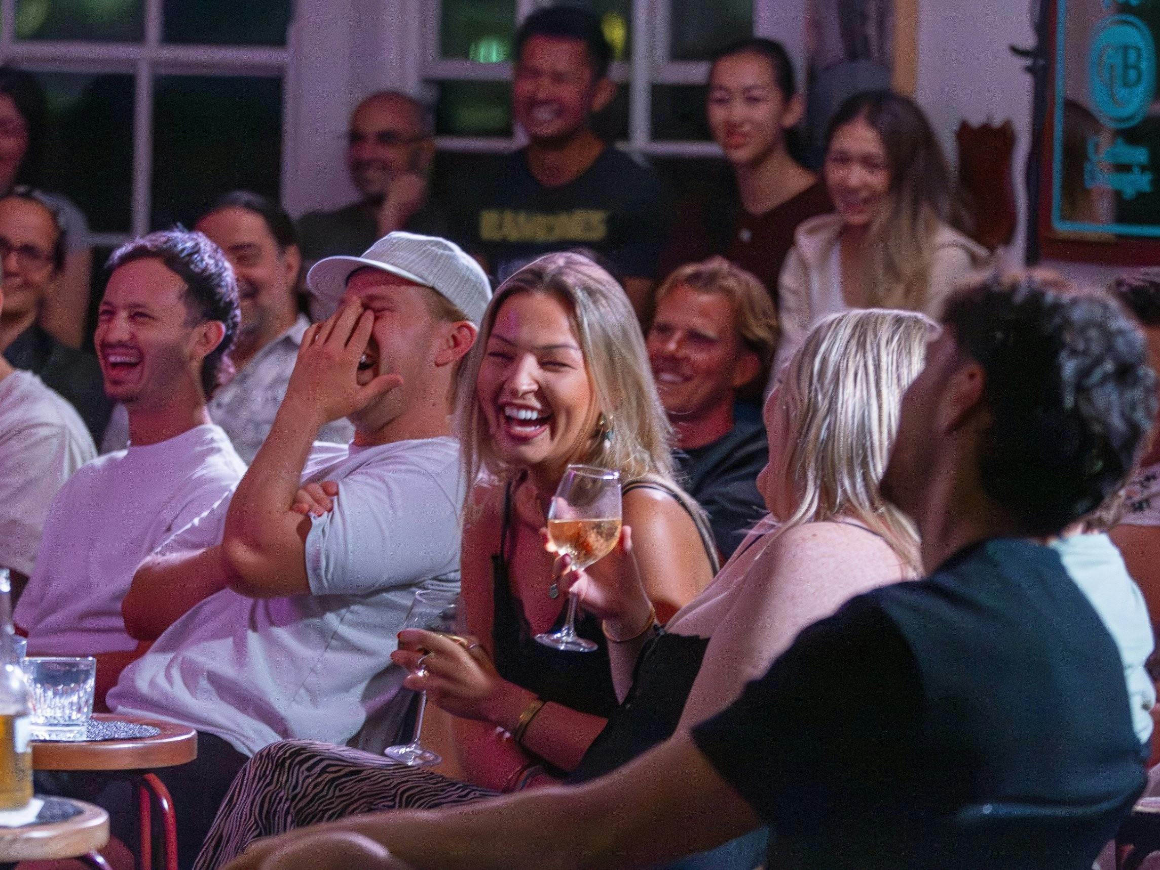 Audience laughing at a stand-up comedy show at The Nelson Hotel, Bondi Junction