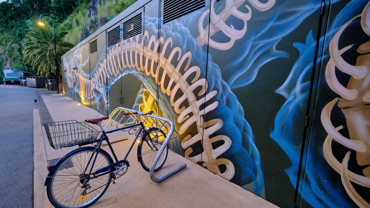 Street Art on wall with bicycle parked in front Howard Smith Wharves