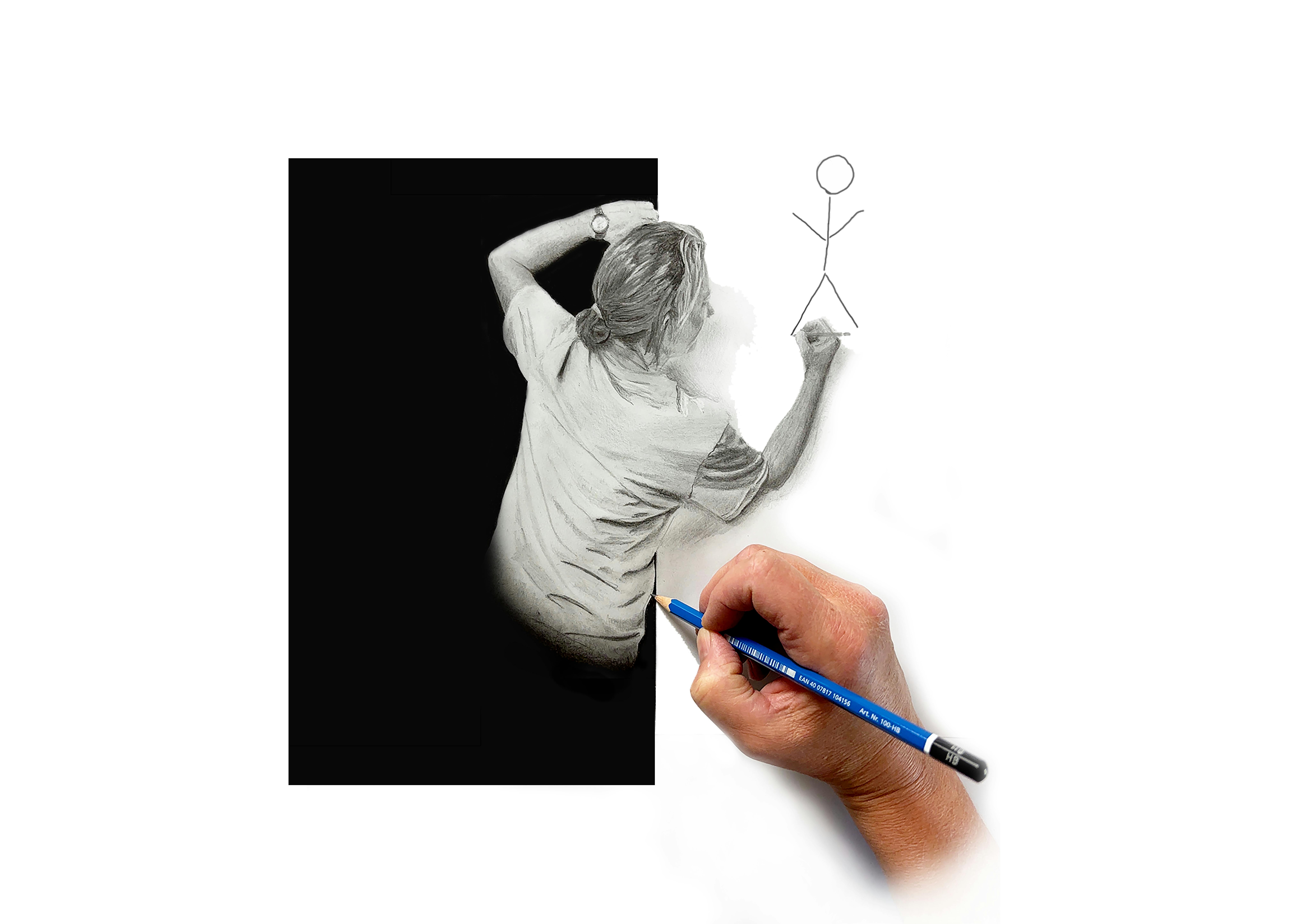 Hand drawing artist Cecile Michel, drawing a stick figure