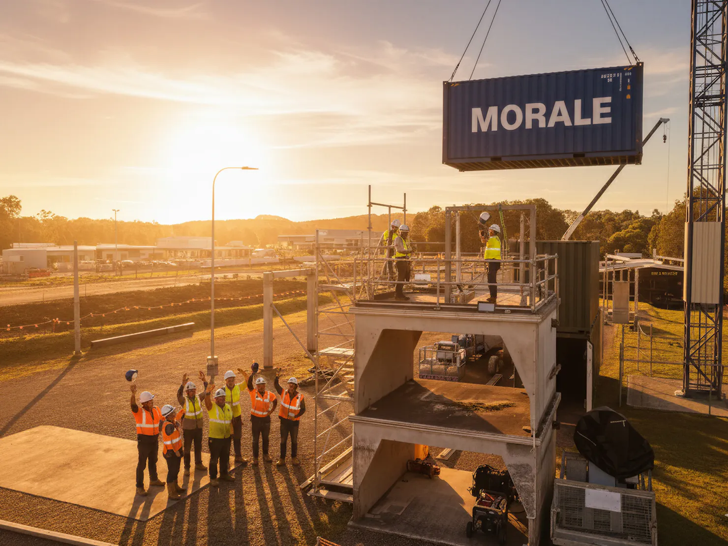 A group of people watch a large container titled "morale" lifted by crane onto a platform