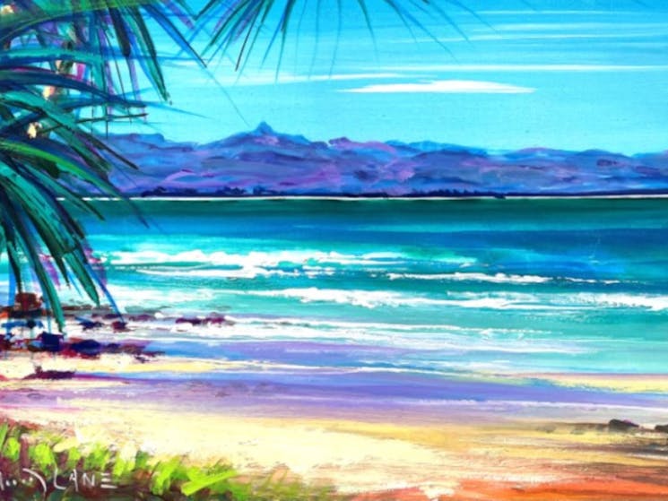 Painting of Wollumbin with Pandanus and beach in the foreground