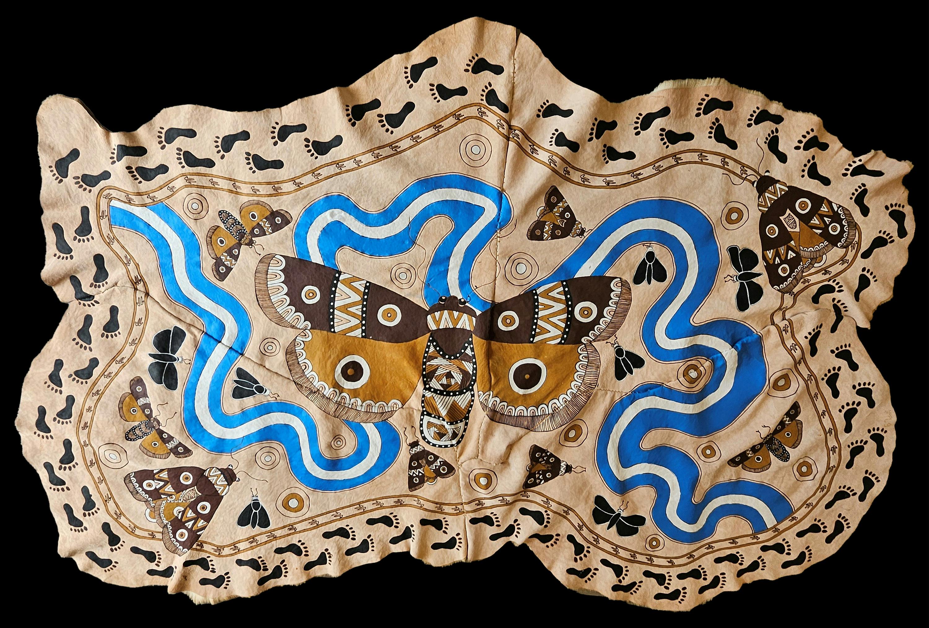 Alice Ann Pepper, Bogong Moth Journey, Burning and acrylic on Kangaroo Skin