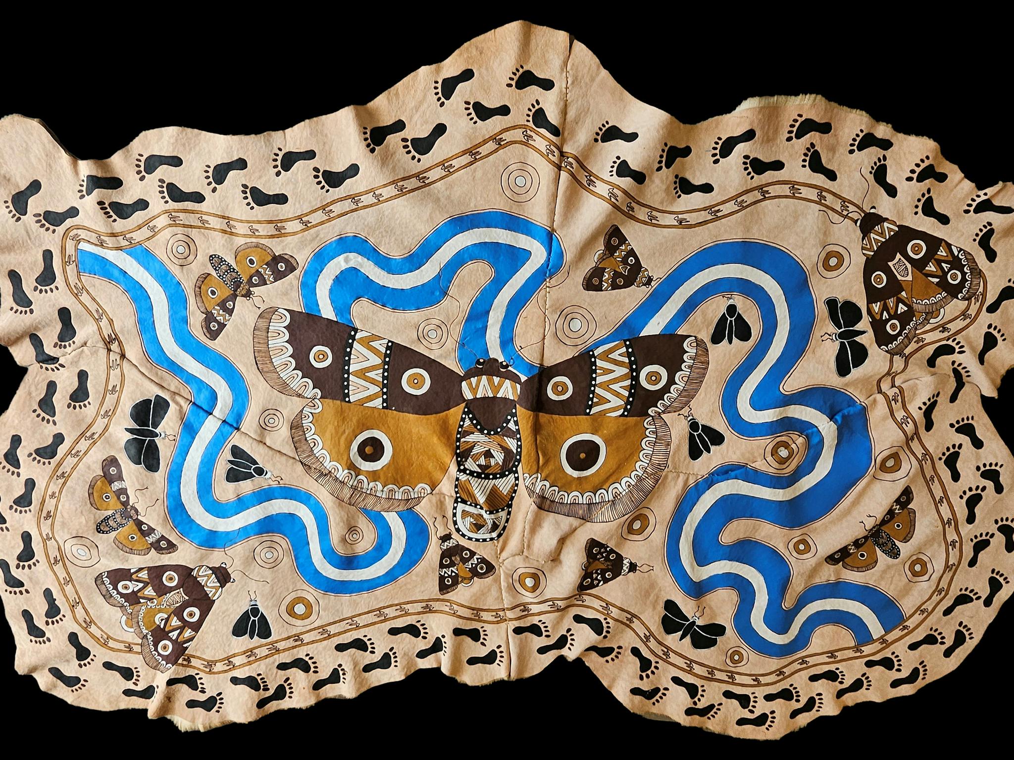 Alice Ann Pepper, Bogong Moth Journey, Burning and acrylic on Kangaroo Skin