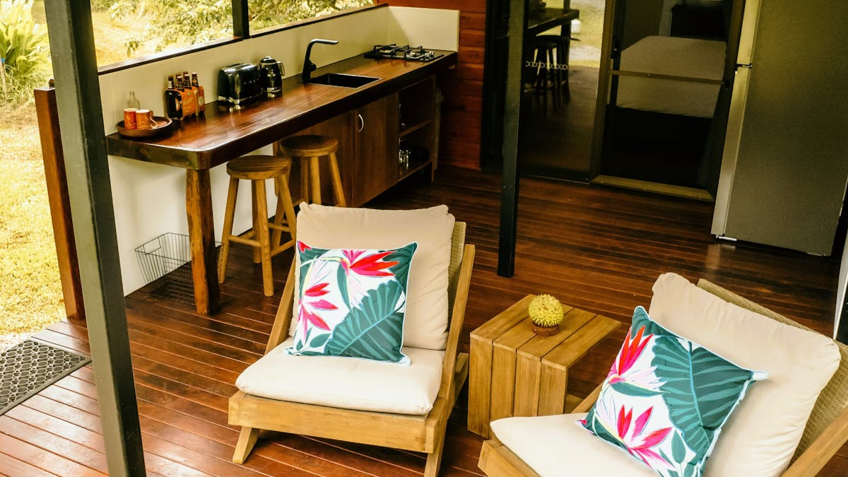 Lounge chairs on cottage deck at Cape Trib Farm