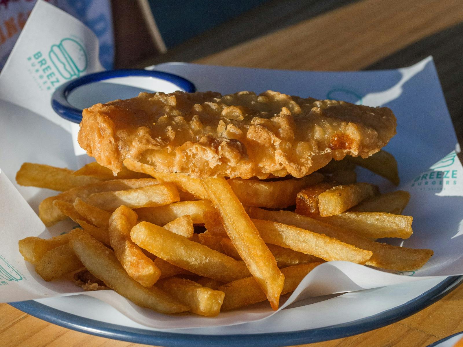 Battered fish and chips served at Breeze Burgers, Easy Tiger, St Helens.