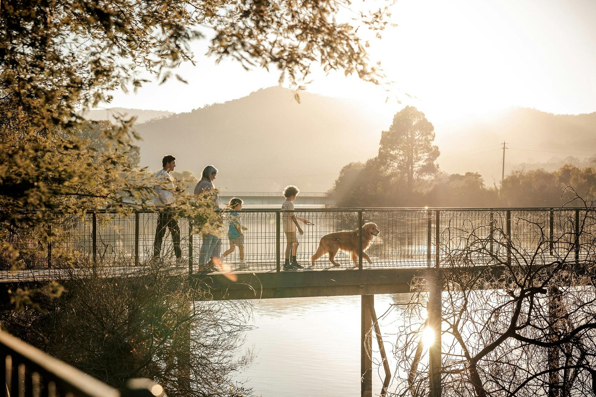 Family walking with dog at Eildon Pondage