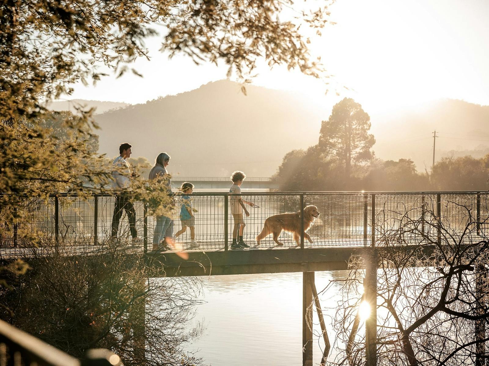 Family walking with dog at Eildon Pondage