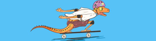 digital illustration of a orange lizard on a skateboard wearing a helmet, elbow pads and knee pads