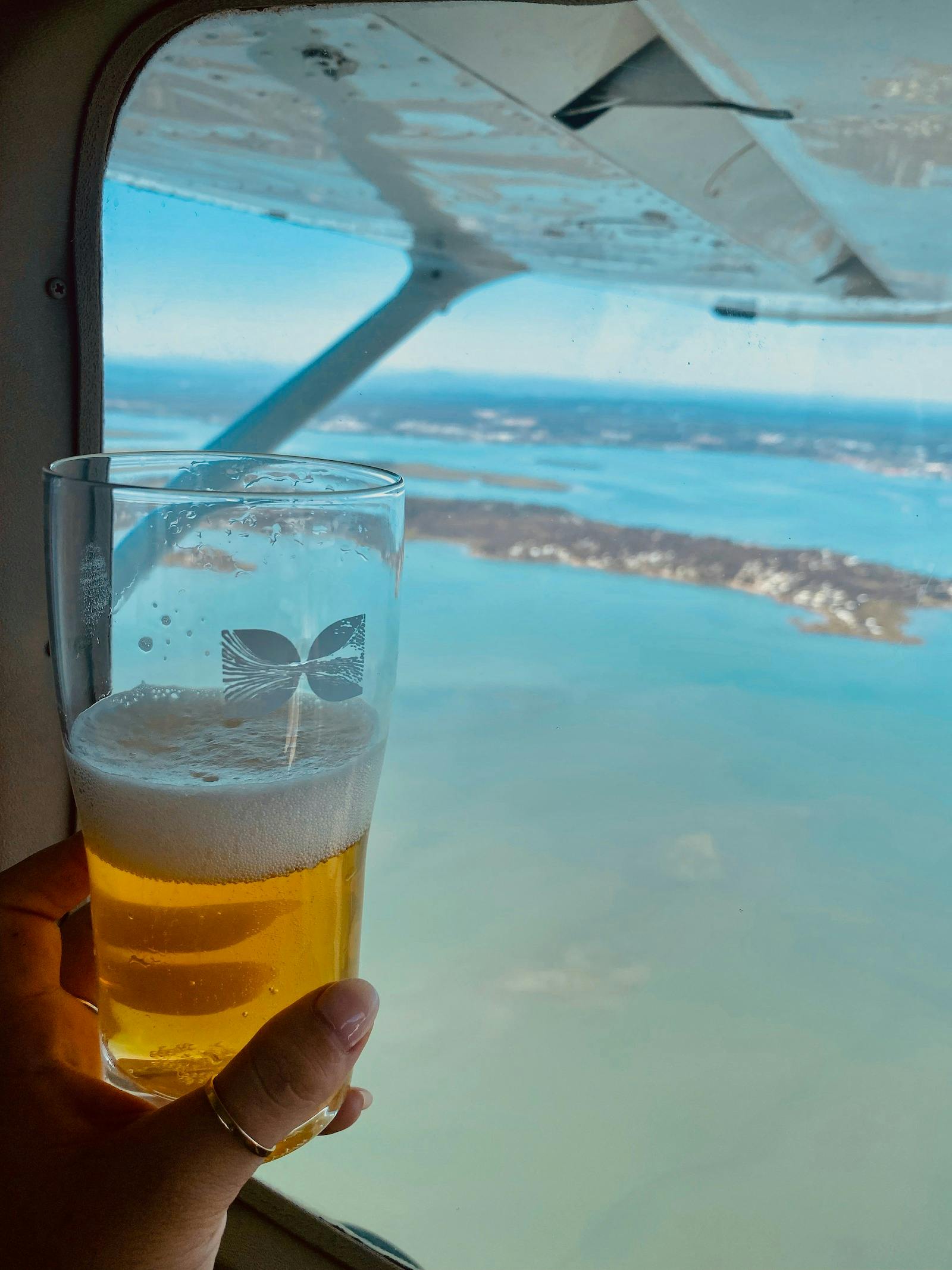 A beer beside a window looking from an airplane