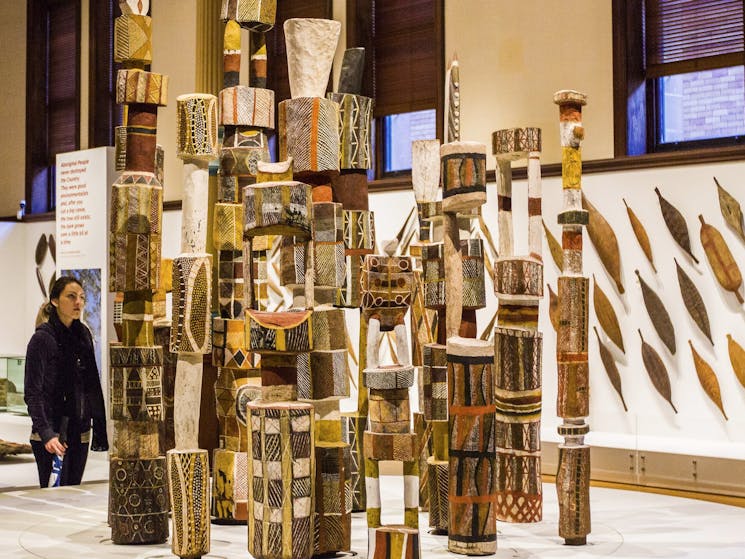 Tiwi Poles on display in the Indigenous Australians exhibition