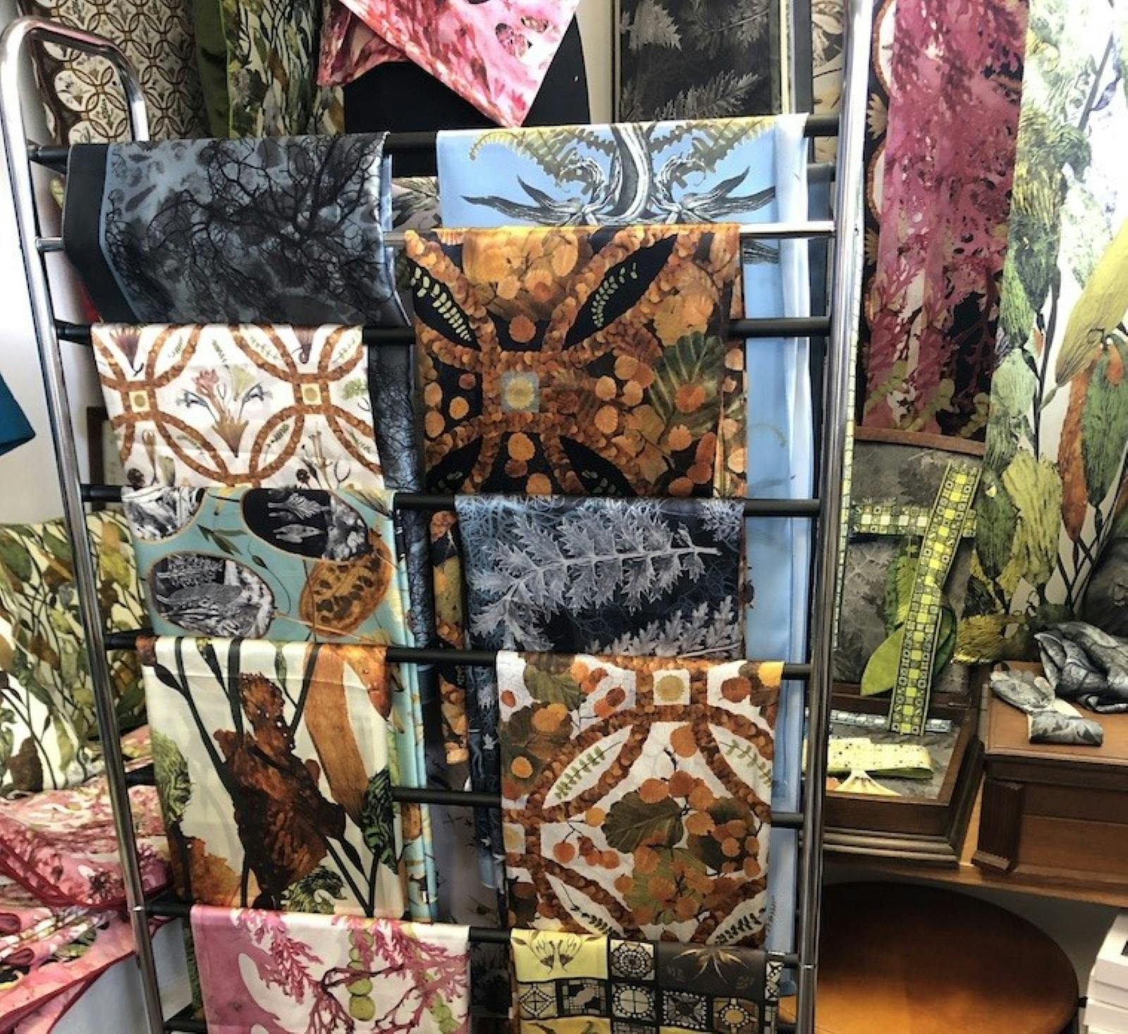 Deborah WACE sumptuous silk satin scarves featuring Tasmanian botanical designs.