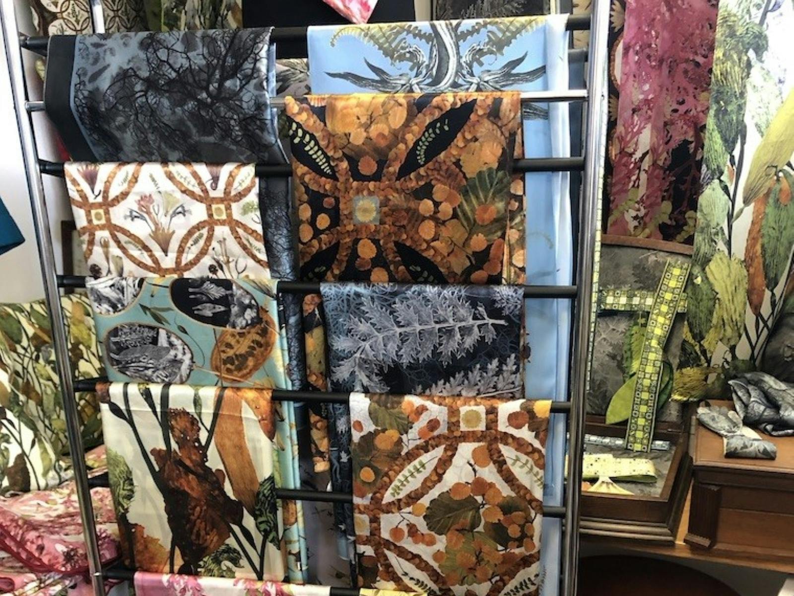Deborah WACE sumptuous silk satin scarves featuring Tasmanian botanical designs.