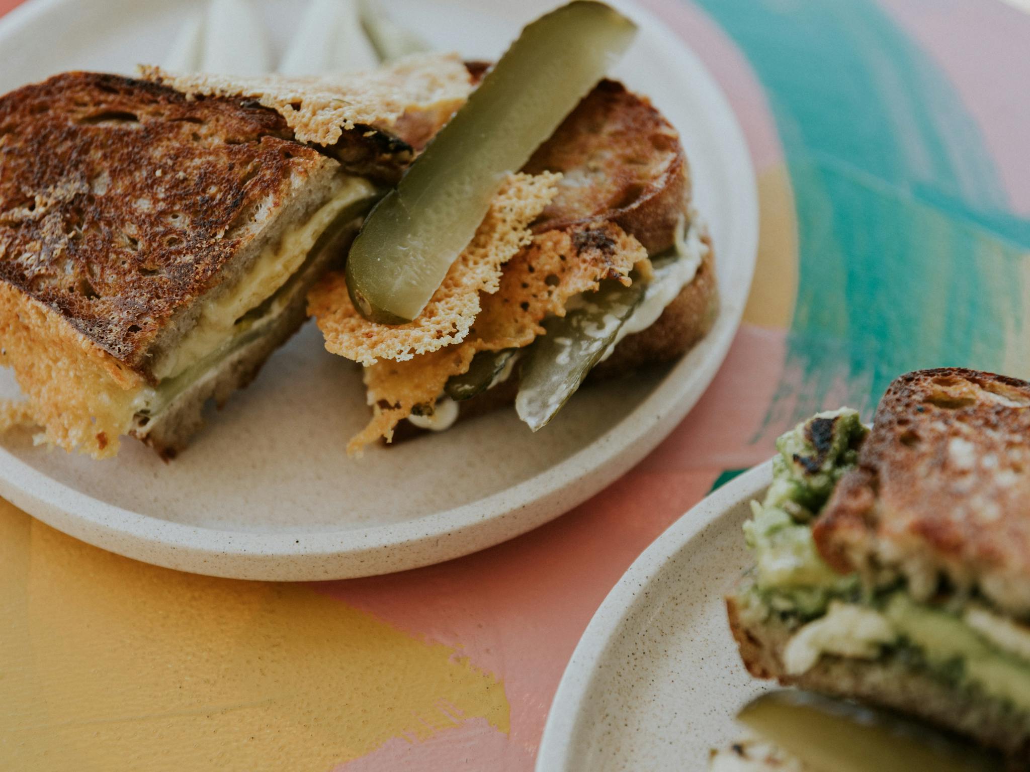 Toasted sandwiches, 3 cheese blend and halloumi/avocado