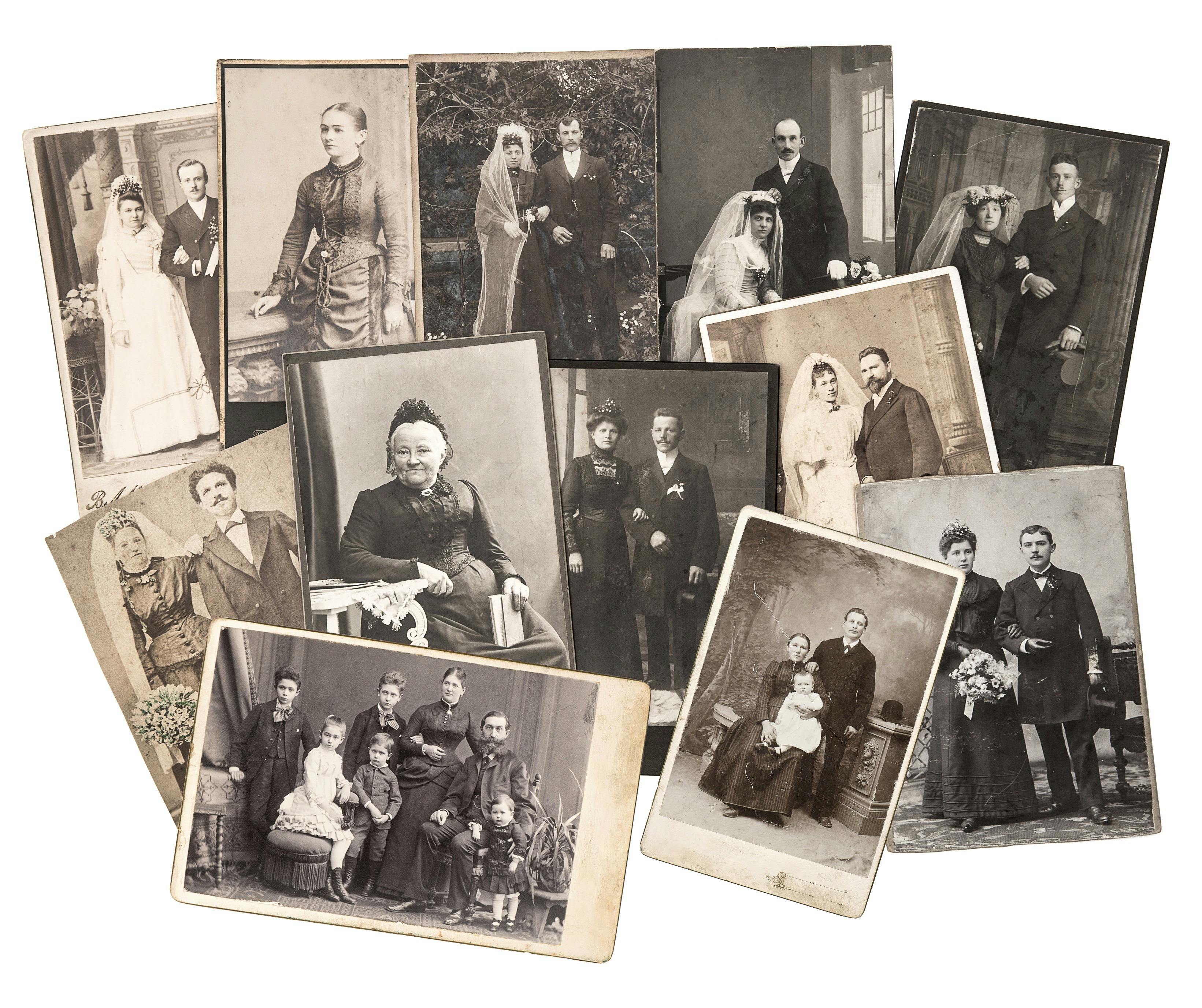 bundle of sepia coloured photos from the 1980's of families and women