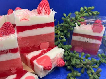 Colourful handmade soaps with layered designs from natural ingredients