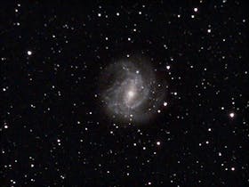 A galaxy is in the centre of the image and there is a night sky in the background.