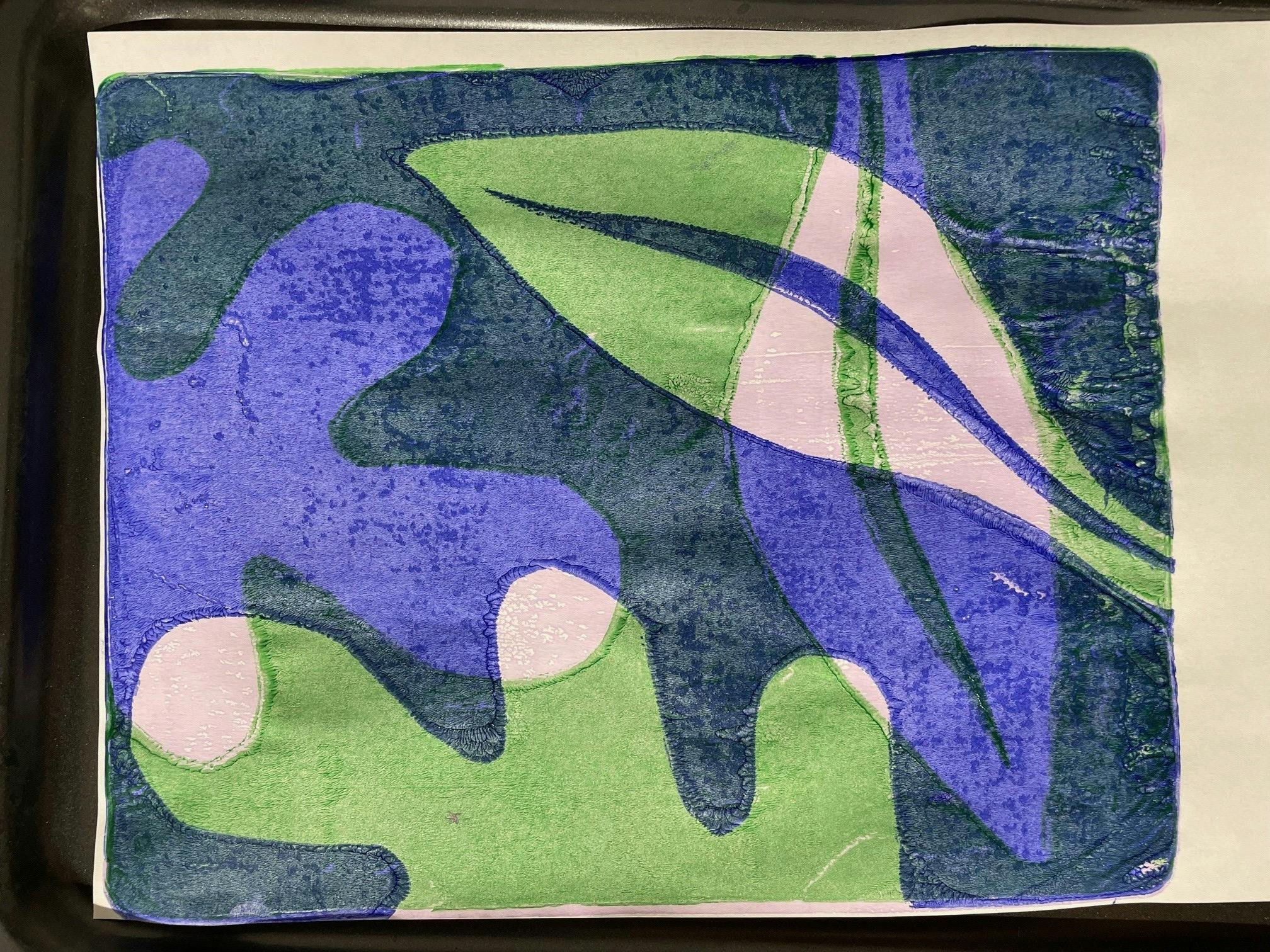 Image of leaf patterns in blue, pink, purple and green