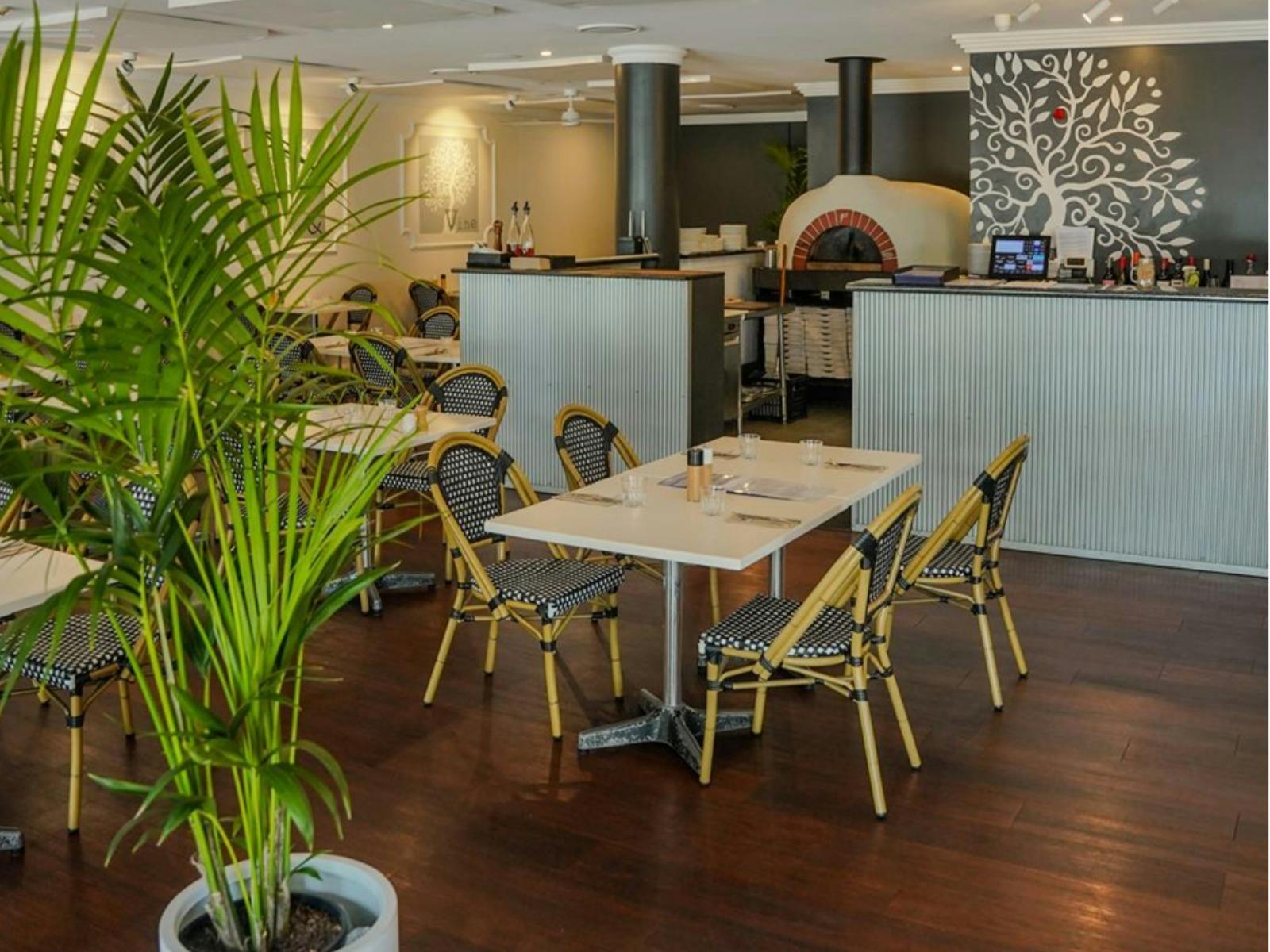 cafe table and chairs set around room with timber floorboards and small palm tree in foregrond