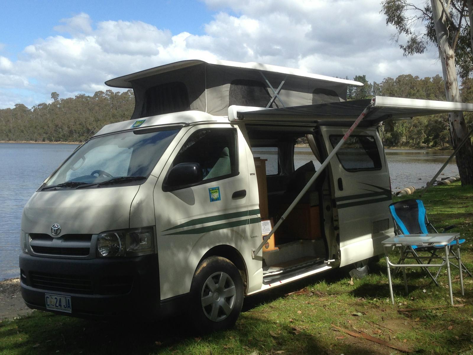 Campervan shown free camping, it's an option in many parts of Tasmania.