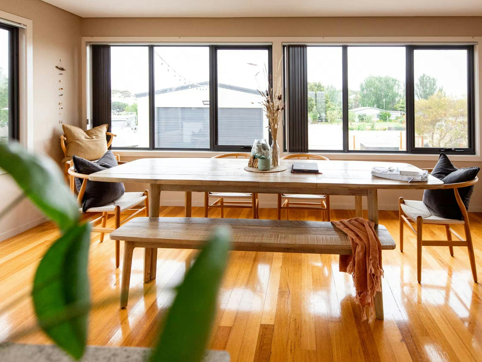 Large dining area at Binalong Bay Beach House in Binalong Bay, Tasmania.