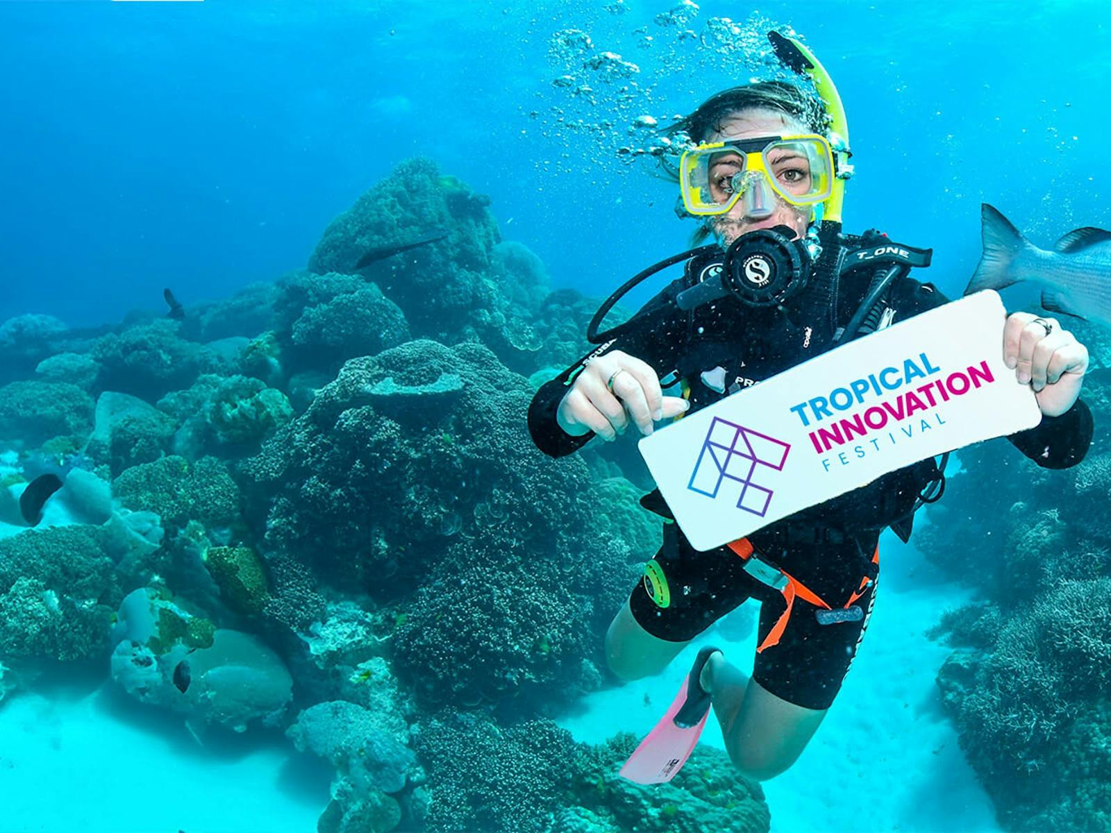 Diver in the great barrier reef holding the Tropical Innovation Festival Sign Diver in the great barrier reef holding the Tropical Innovation Festival Sign