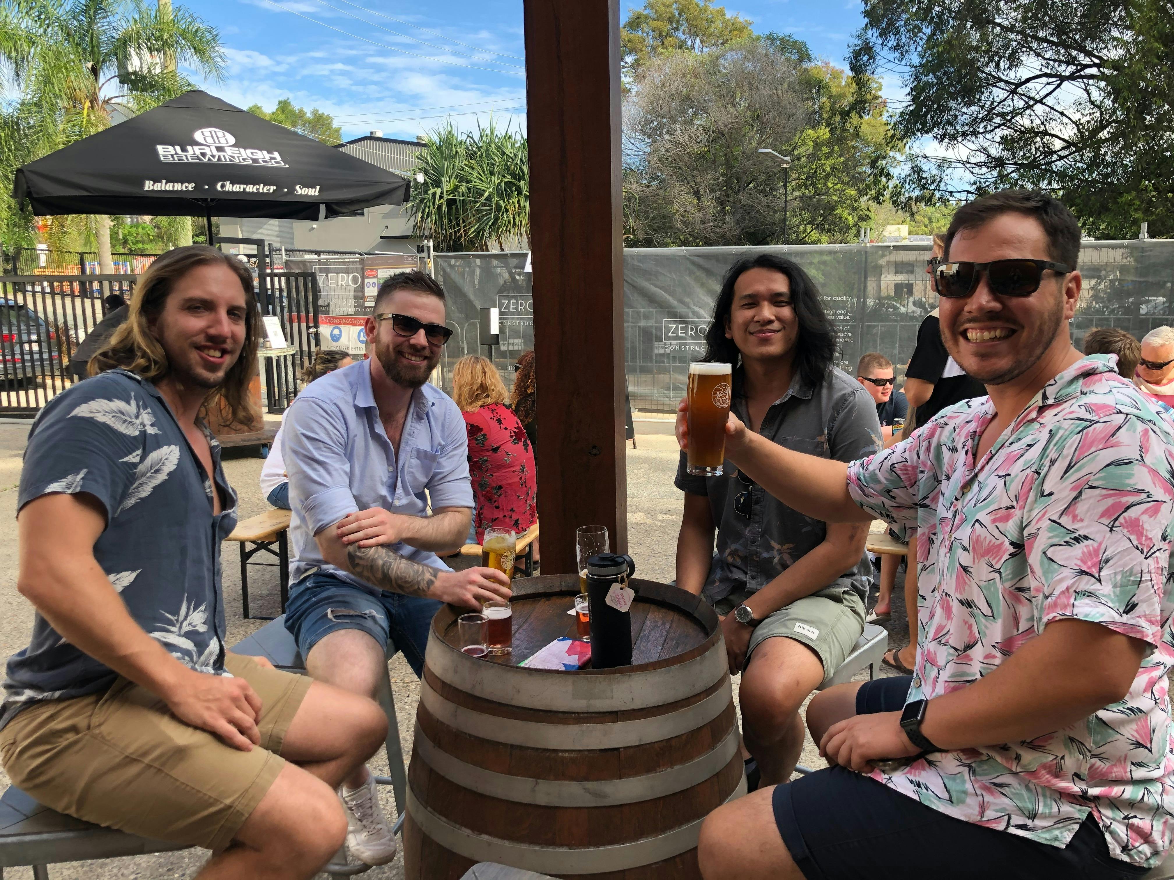 Kicking back in the sun with cold beers at Burleigh Brewing