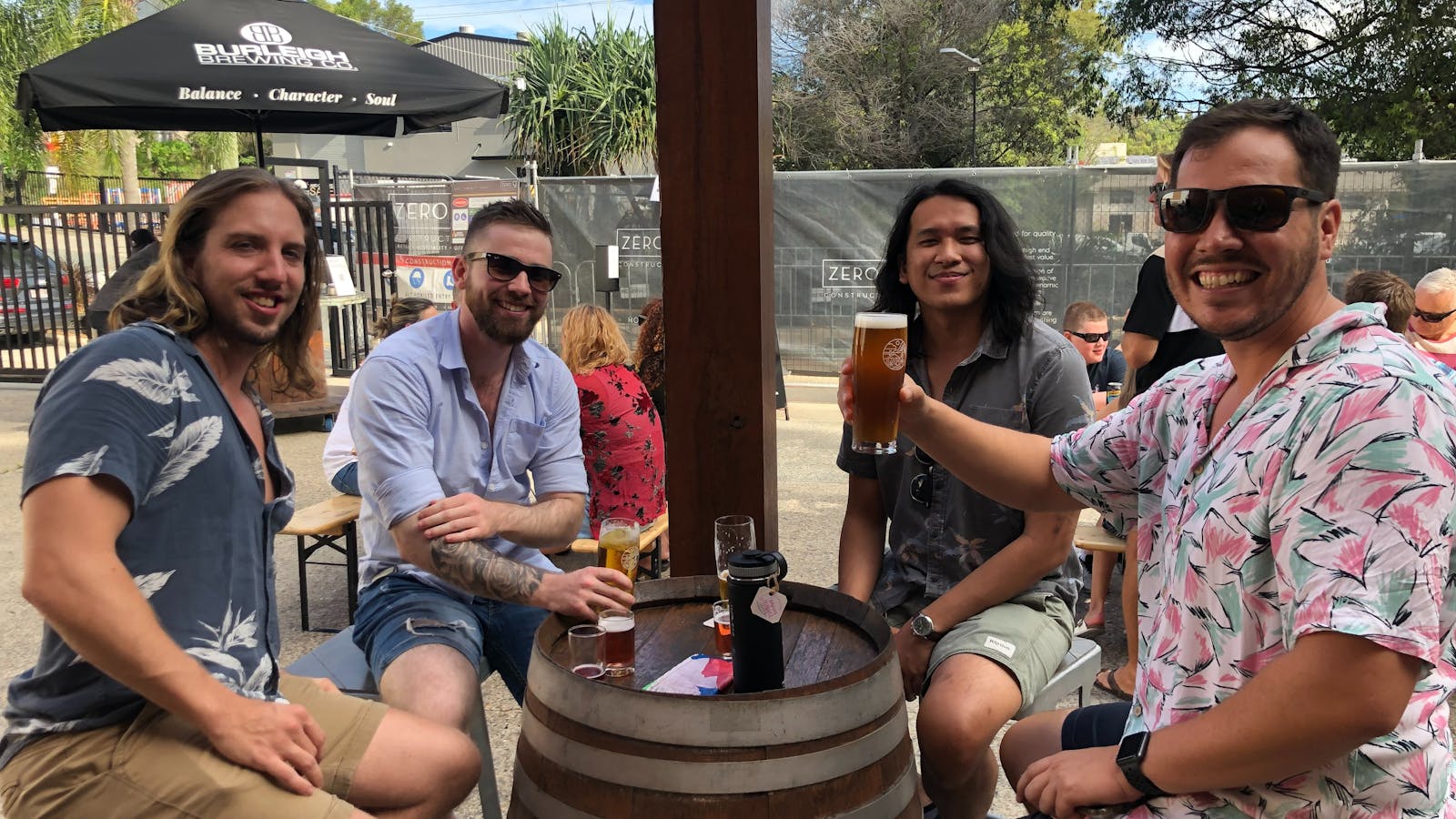 Kicking back in the sun with cold beers at Burleigh Brewing