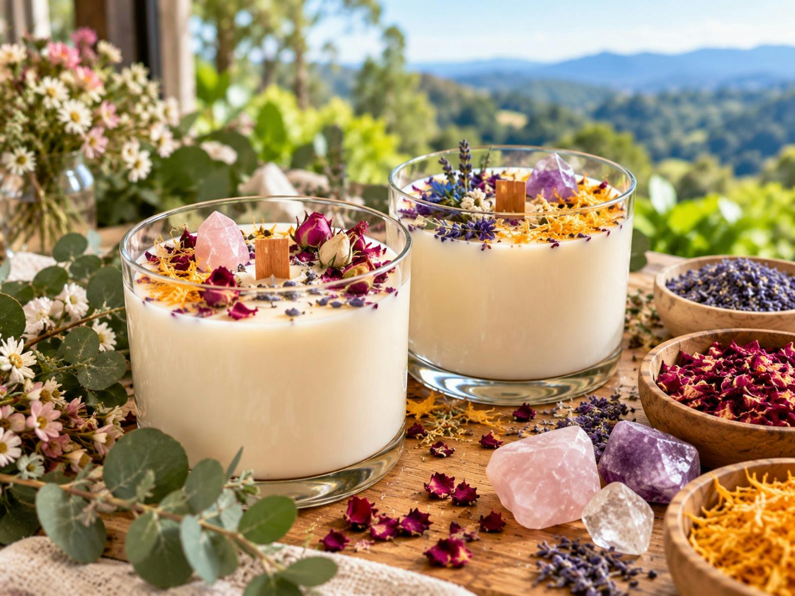 Finished soy candles decorated with crystals and botanicals during a candle making experience on Tam