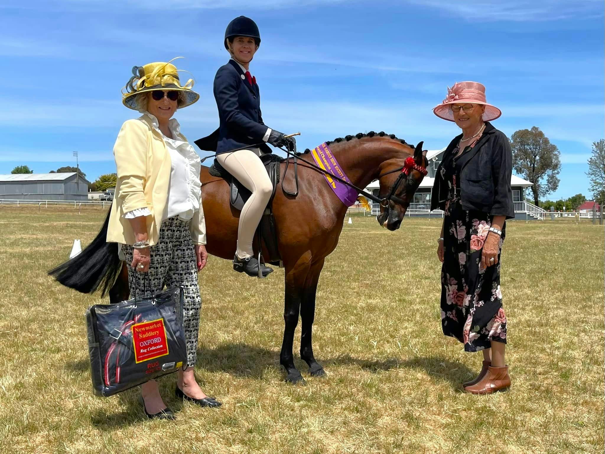 Horse riding participant on her horse with two dressed-up ladies standing beside them.