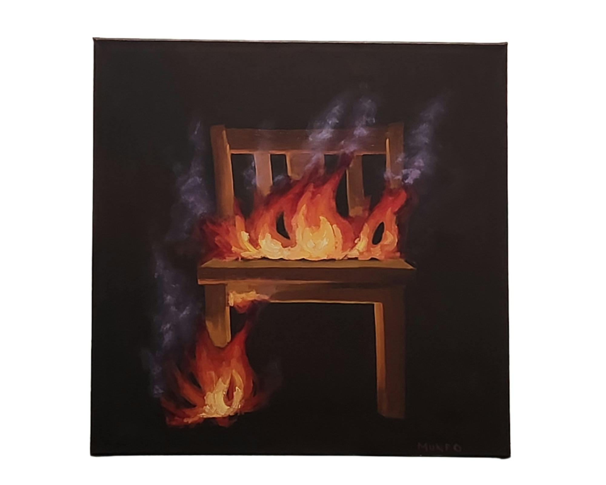Painting of a chair with flames on the seat and around one leg
