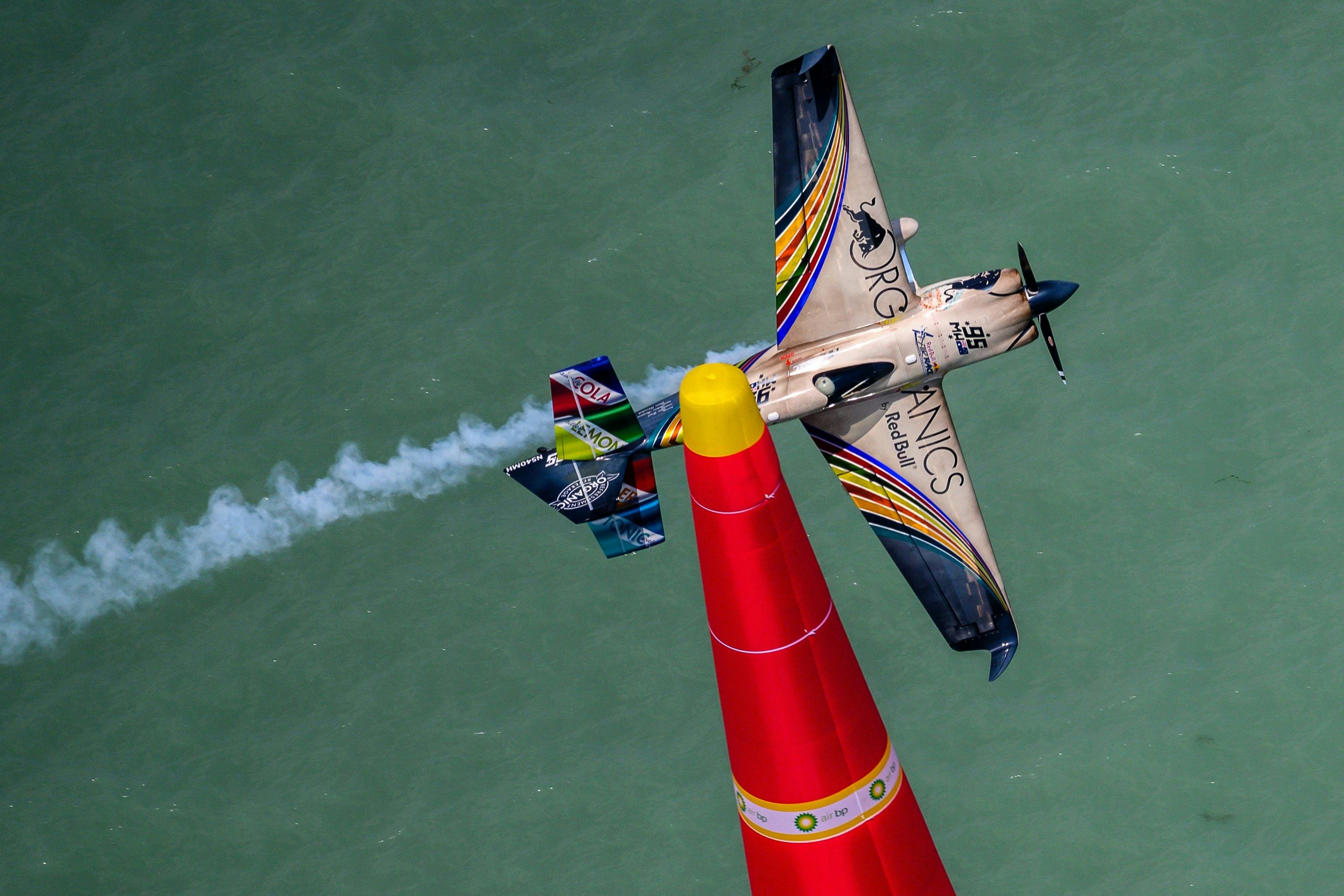 Matt Hall manœuvres his plane around a pylon during the 2019 Red Bull Air Race World Championship