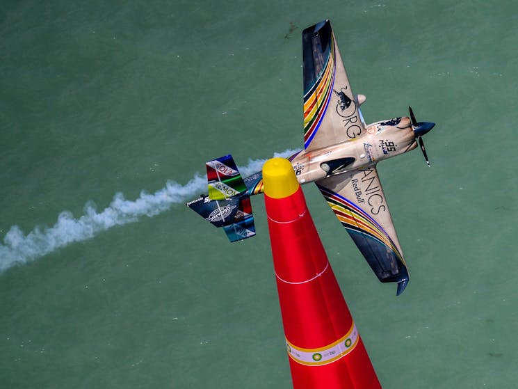 Matt Hall manœuvres his plane around a pylon during the 2019 Red Bull Air Race World Championship