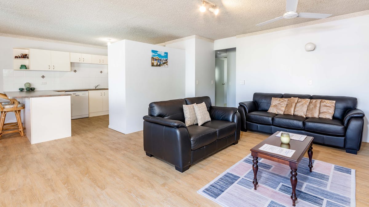 Lounge room and kitchen