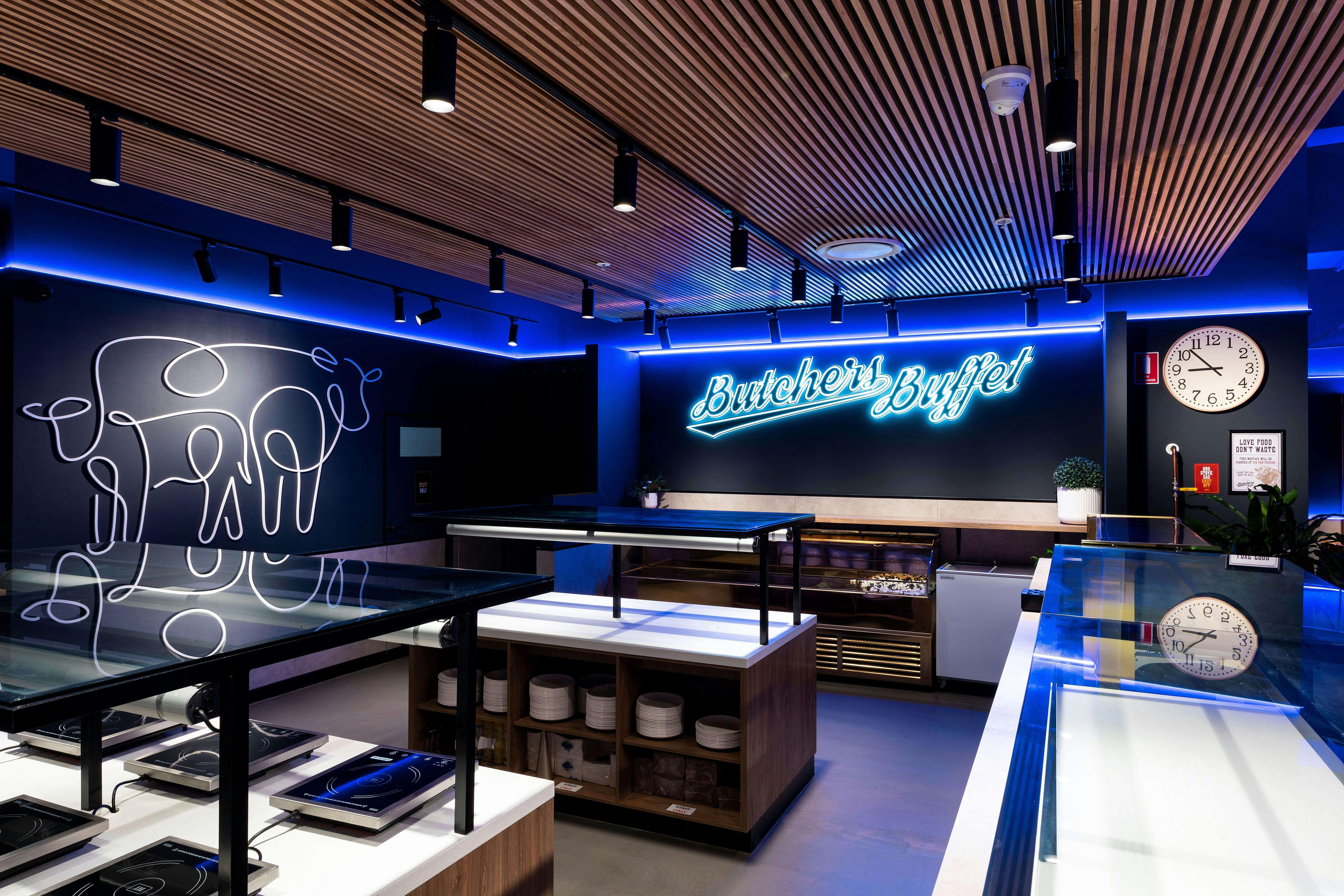 Clean interior view of the buffet area at Butchers Buffet Lidcombe