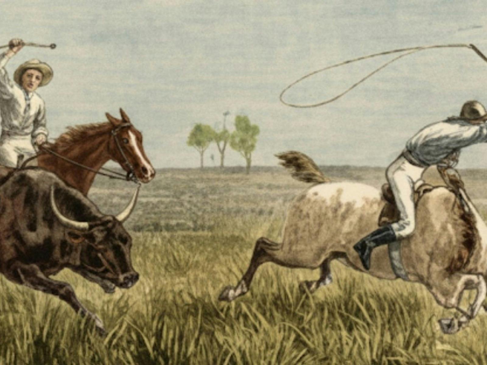 An illustration of men on buffalos with whips