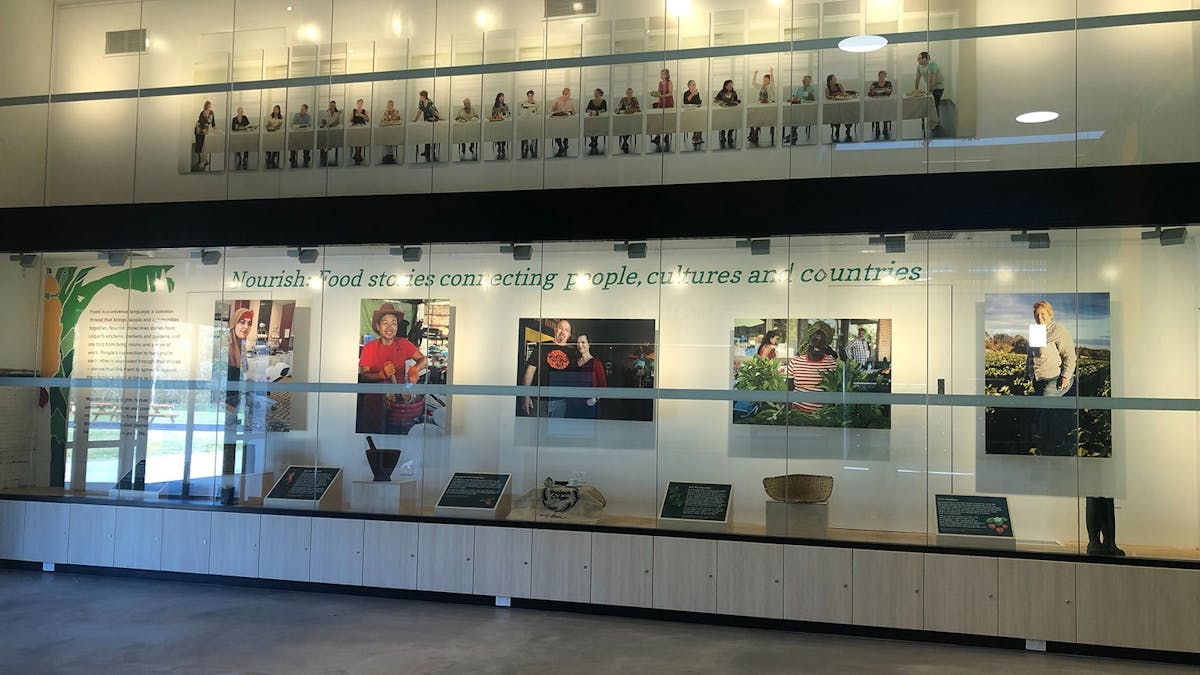 Pictorial display behind glass case. Pictorial display behind glass case.