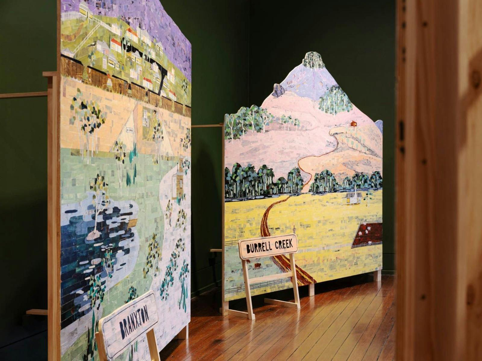 Ghost work collage panels depicting regional Australia by artist Ray Monde
