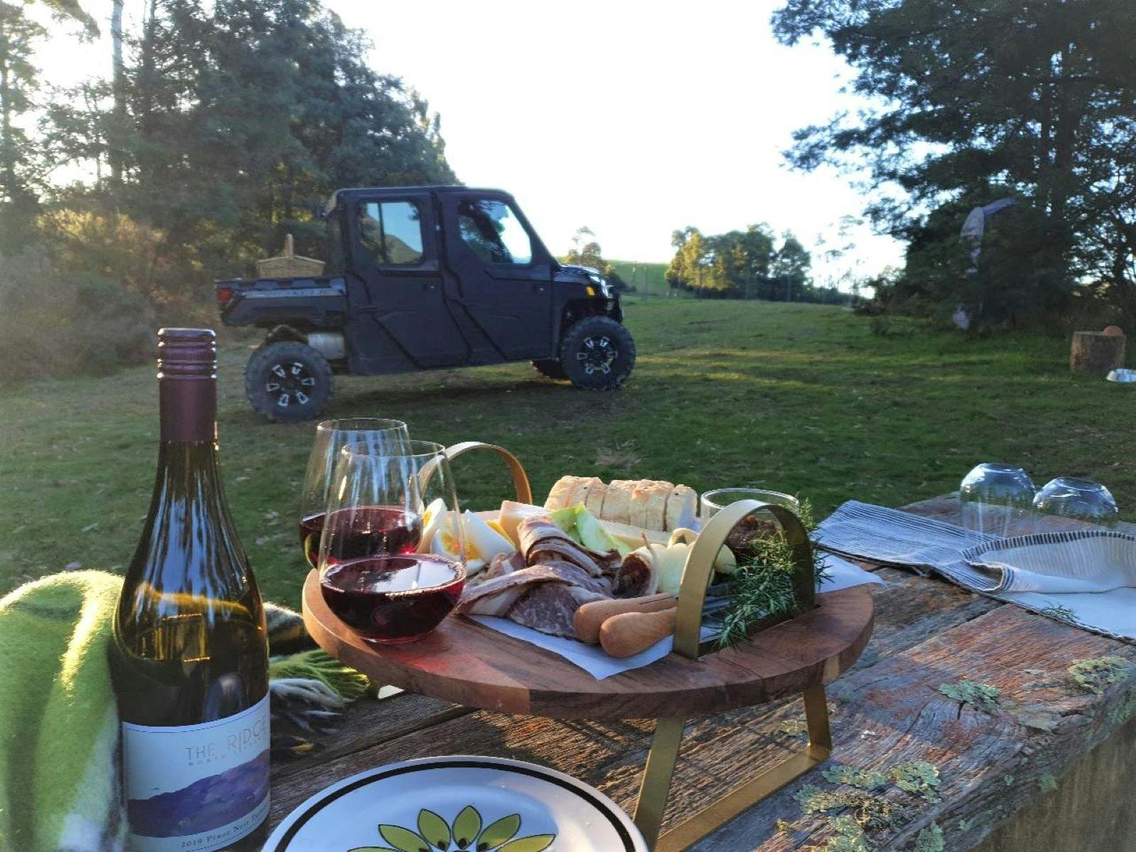Wine and picnic platter in natural bushland with ATV