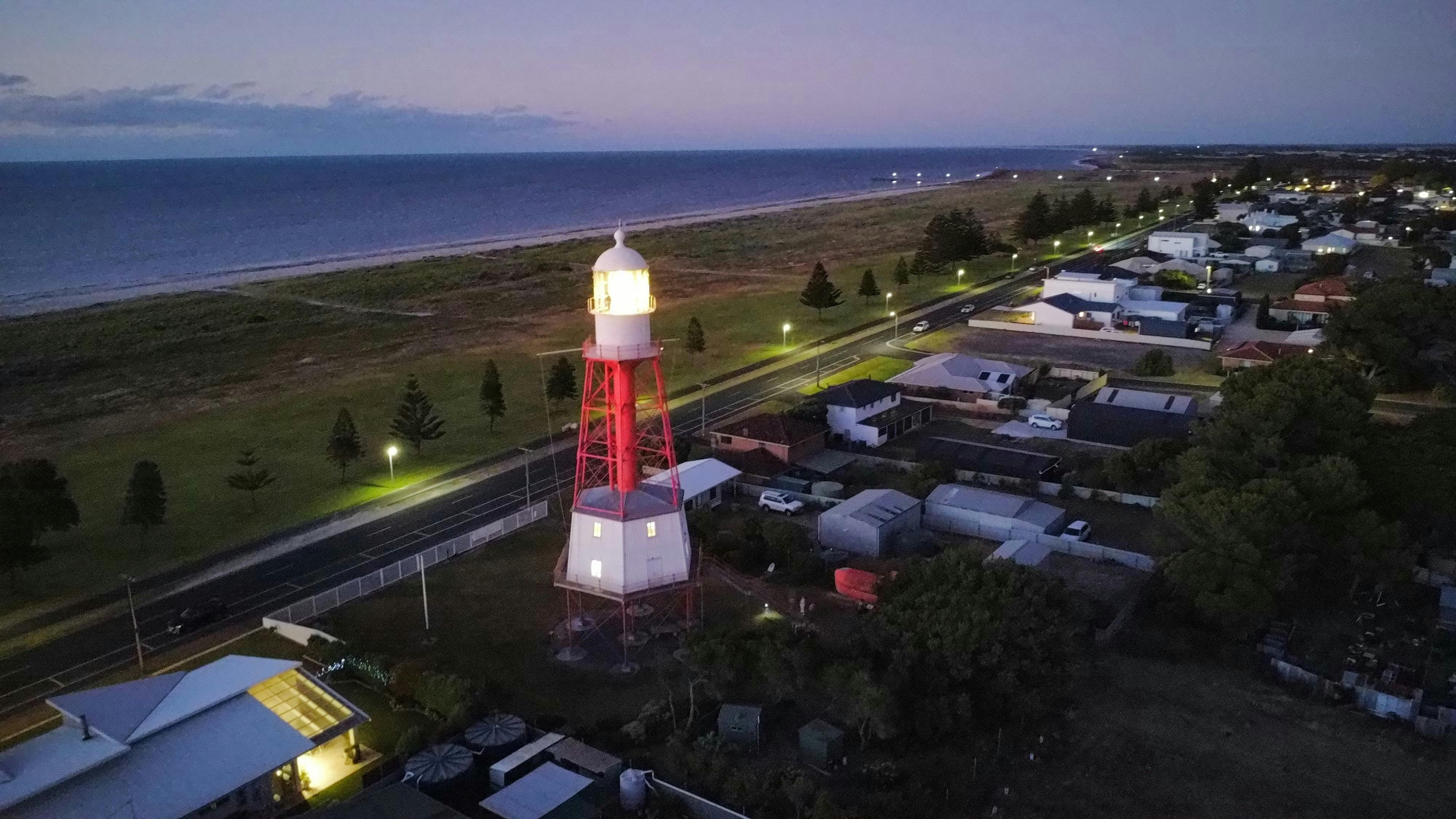 Cape Jaffa Lighthouse - dusk highlighting the lighthouse and Kingston foreshore.