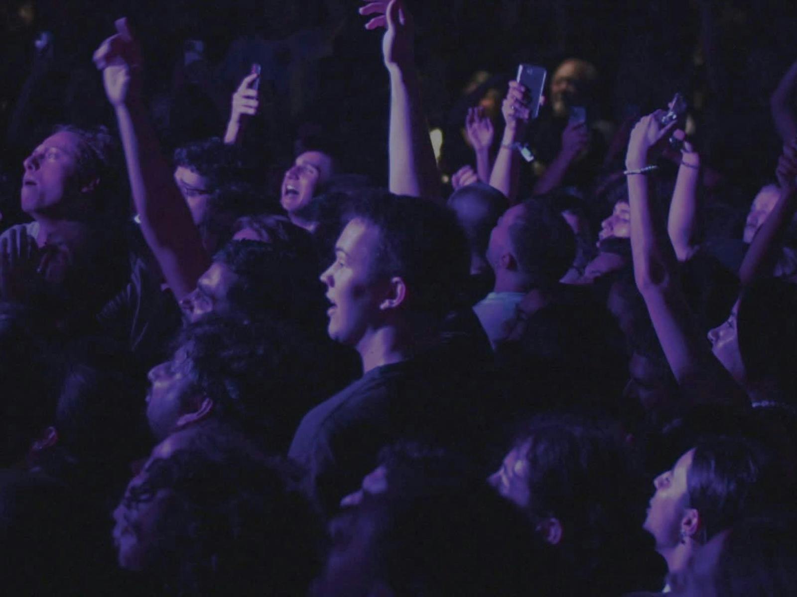 energetic crowd at a music festival.  It is dark and the crowd are under purple lights.