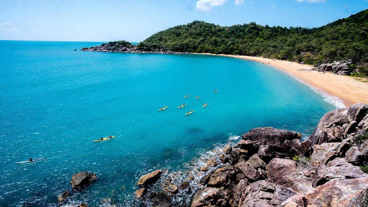 Sea Kayakers paddle across bright, clear blue water in front of a small bay flanked by rainforest