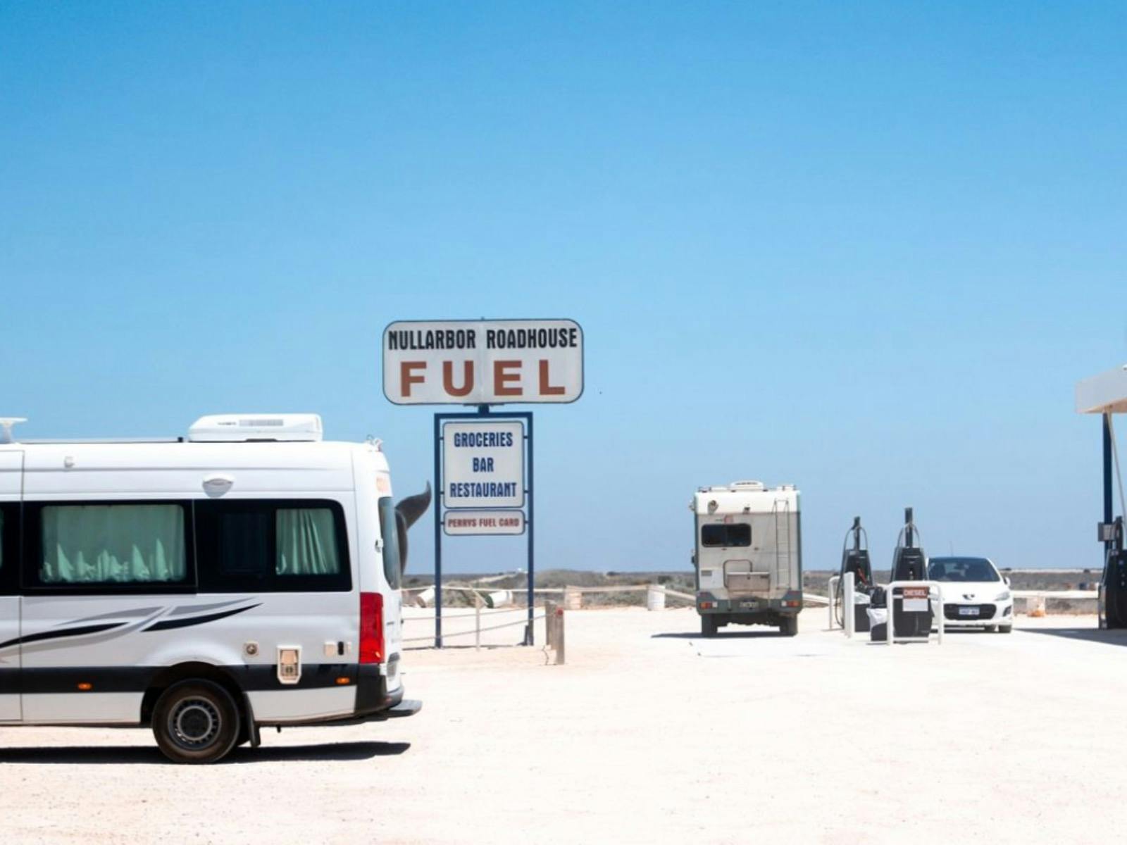 A campervan parked up at the Nullarbor Roadhouse
