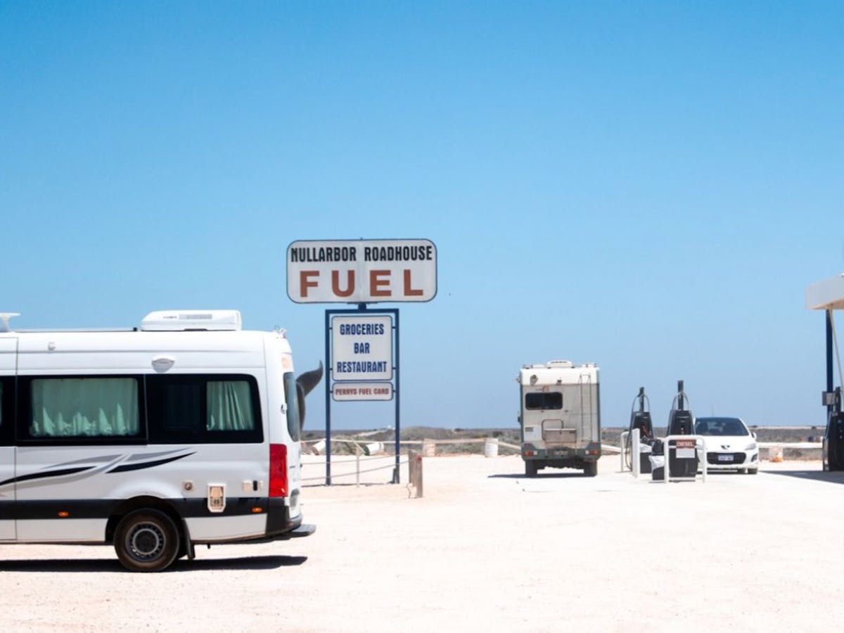 A campervan parked up at the Nullarbor Roadhouse