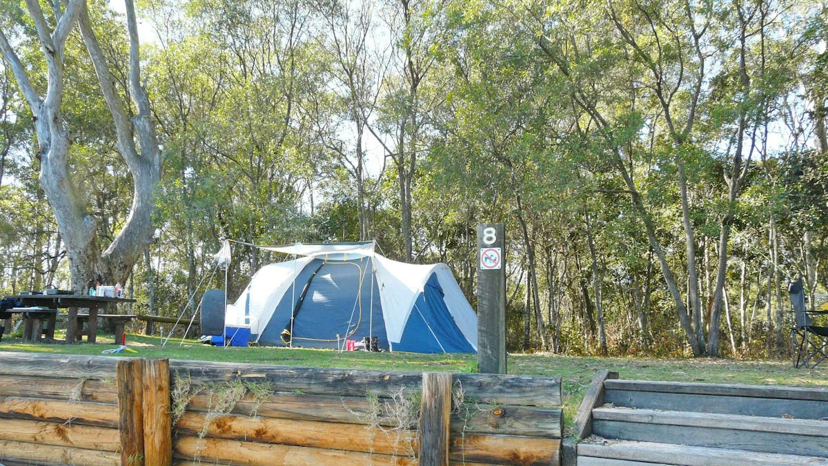 Blue tent set up next to a picnic table with trees in the background.