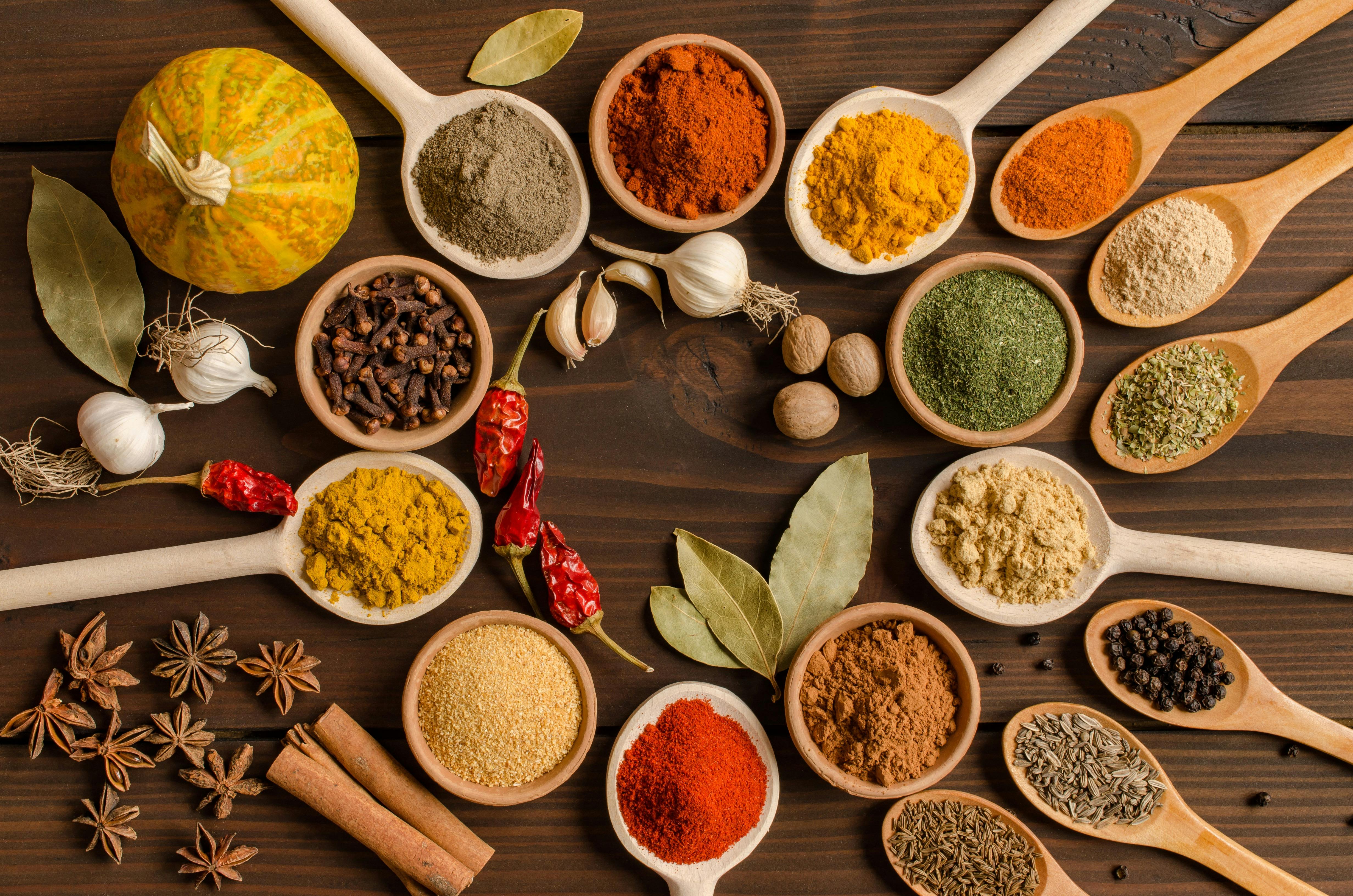 Numerous spices by the spoonful to enhance any meal.
